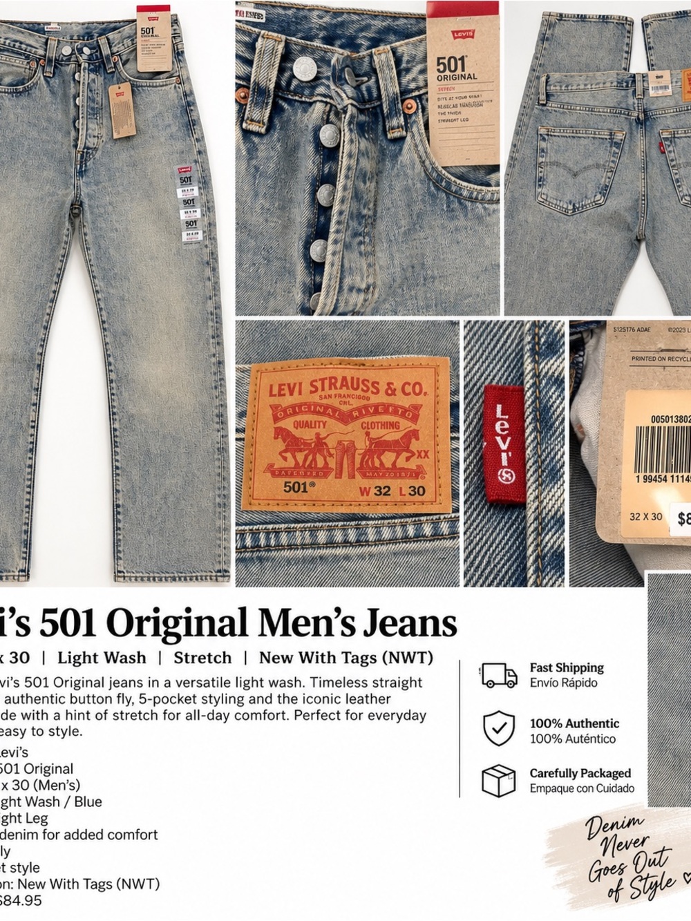 Levi’s 501 Original Men’s Jeans 32x30 Light Wash Stretch Straight Leg NWT - Picture 15 of 15